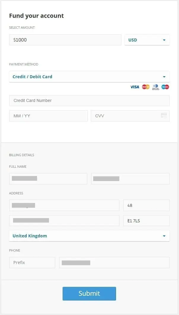 eToro deposit page