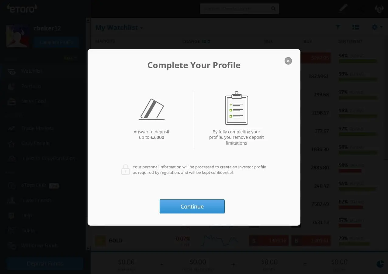 eToro Complete Profile page
