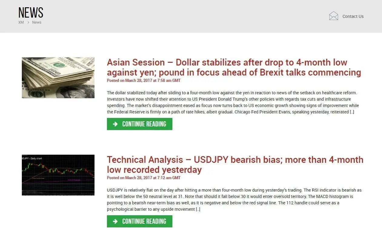 Market news section from XM