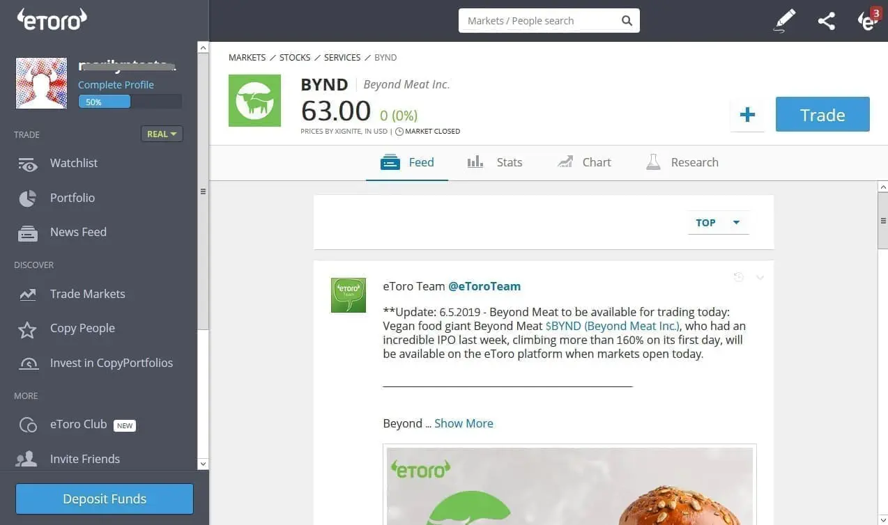 Beyond Meat trading on eToro platform