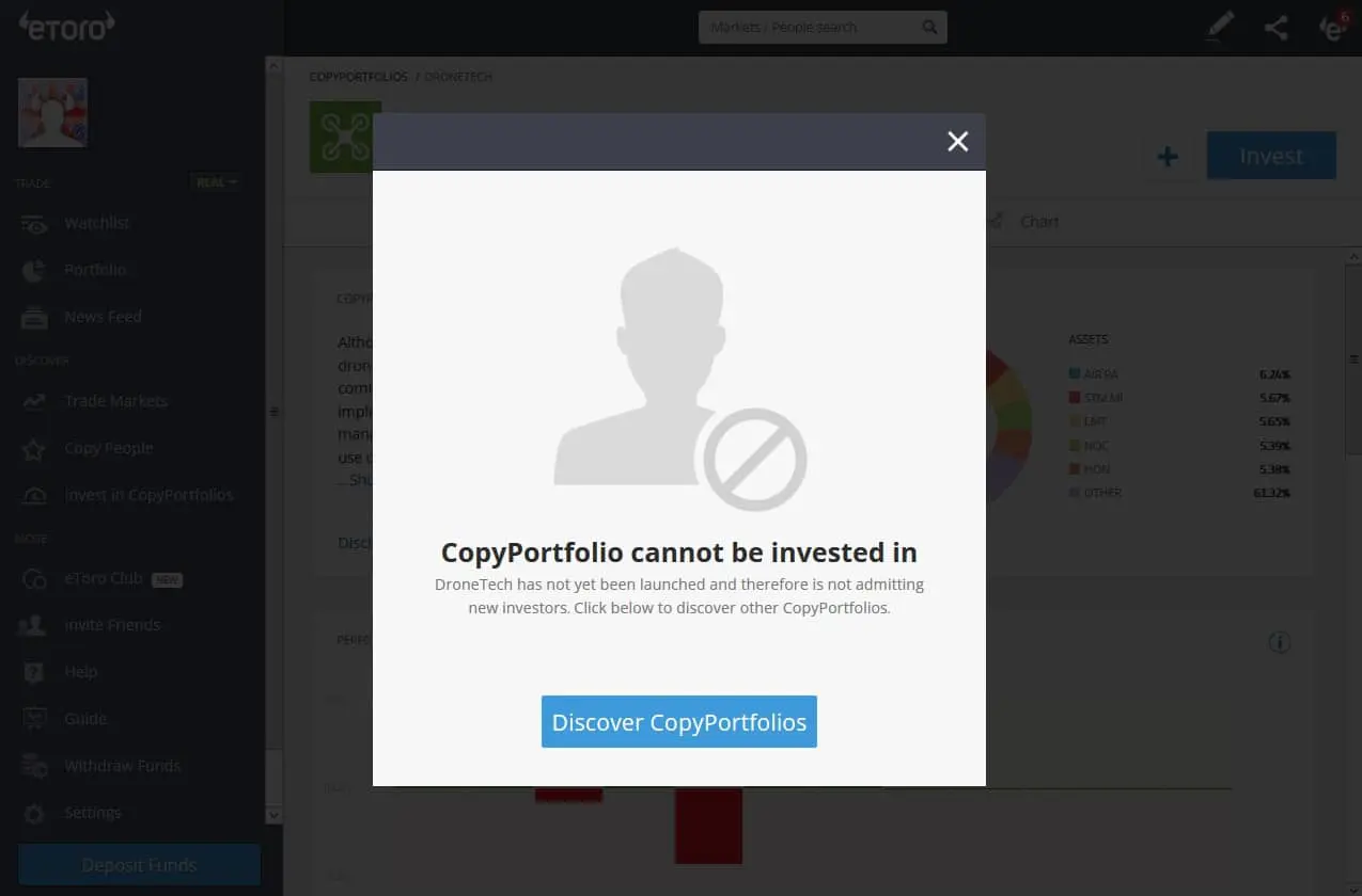 eToro DroneTech CopyPortfolio not yet launched