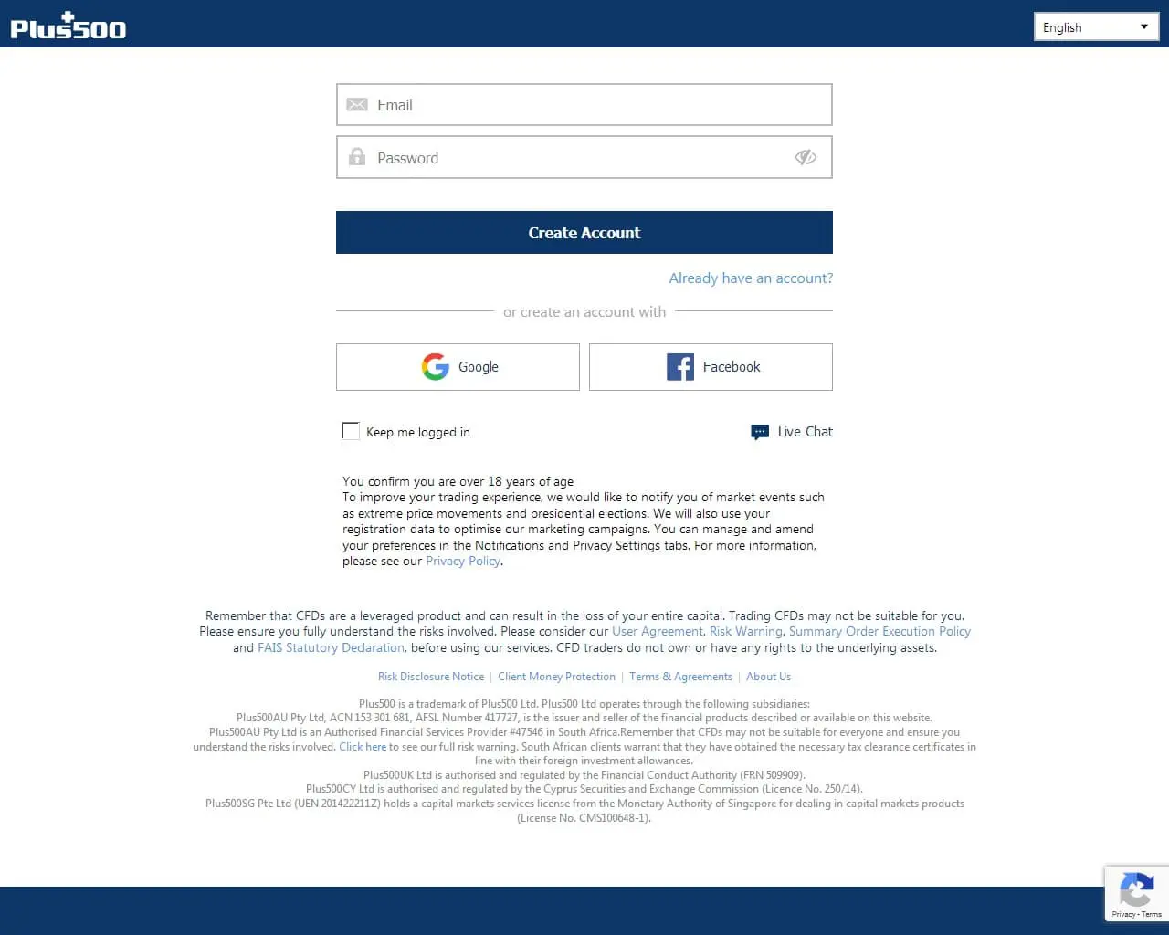 Plus500 registration page