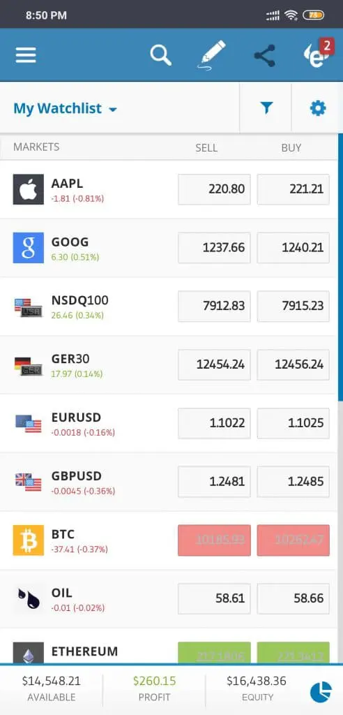 eToro Android mobile app