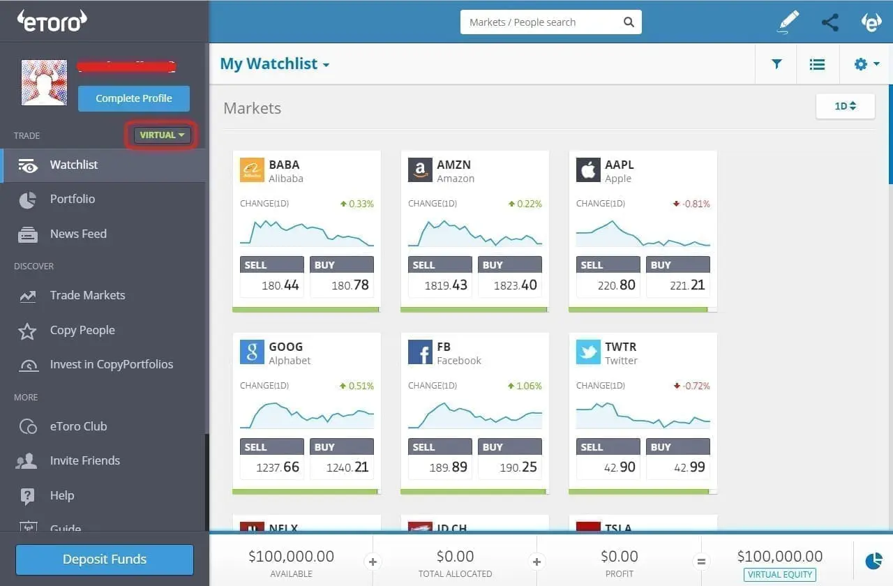 eToro demo account