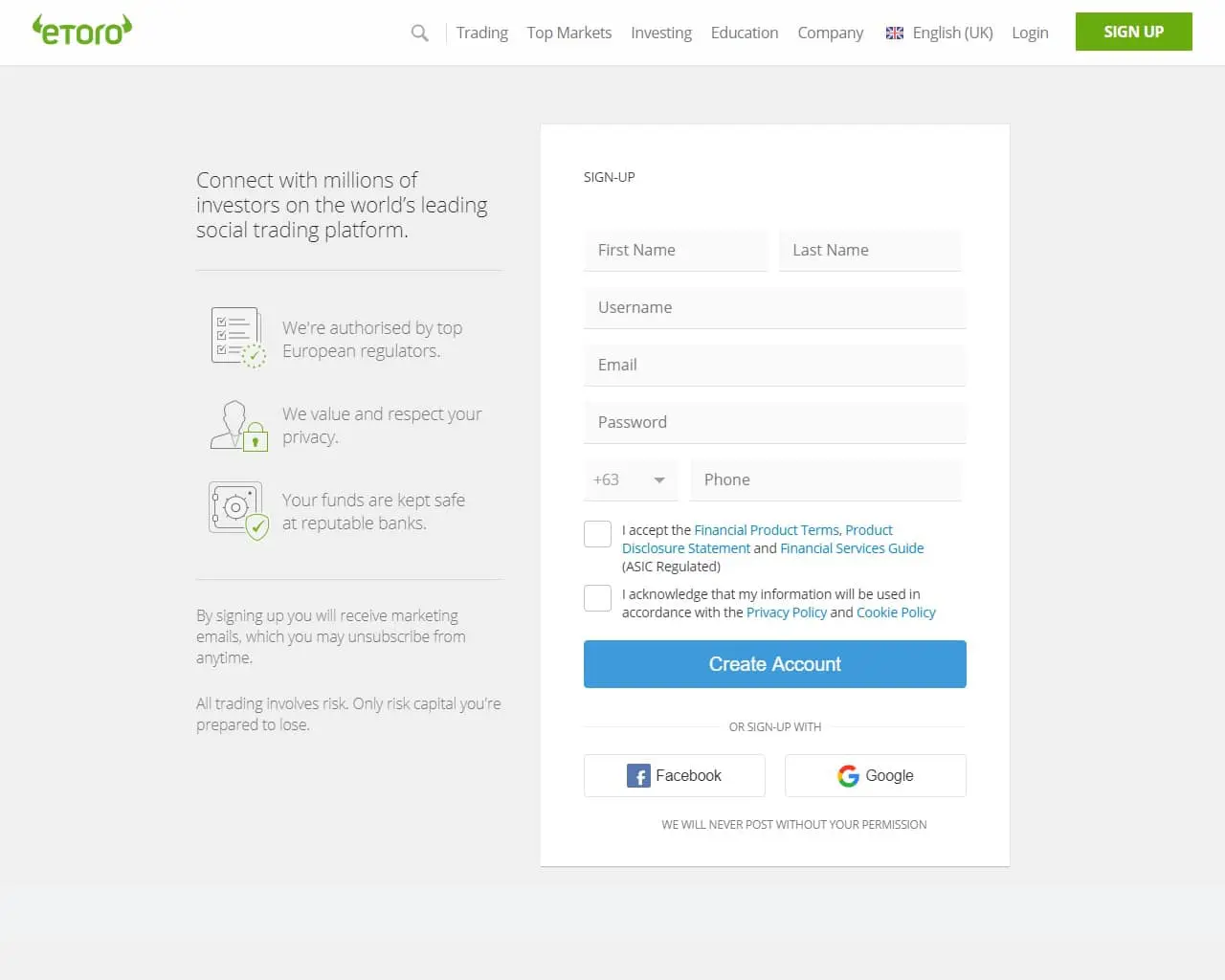 eToro registration page