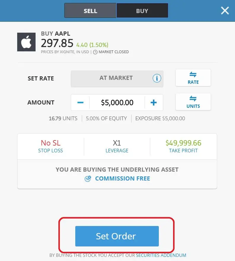 Executing order on eToro's platform