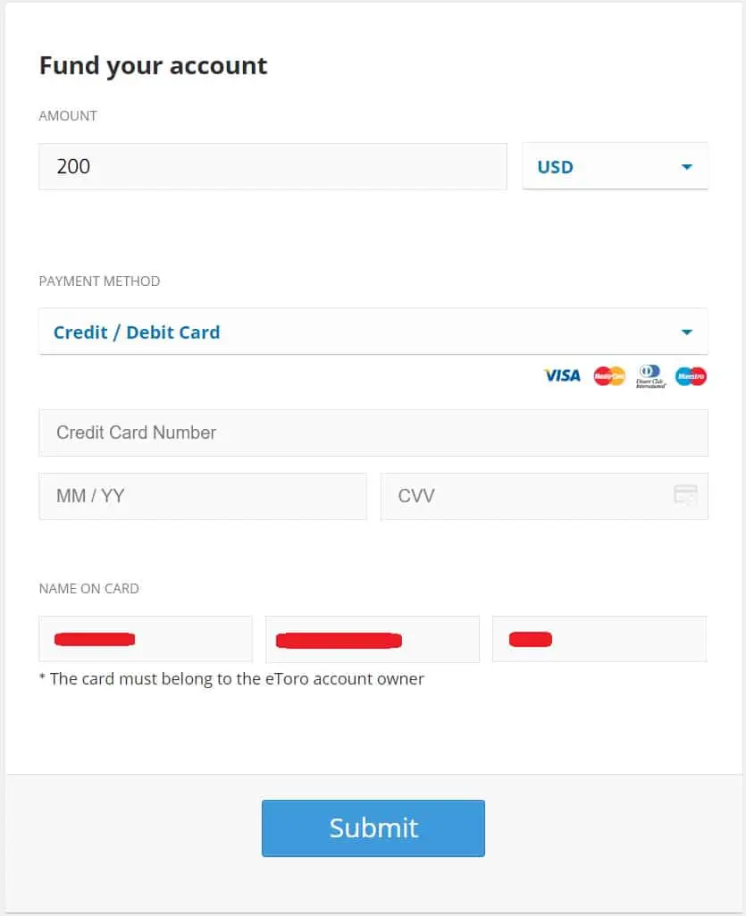 Making a deposit on an eToro trading account