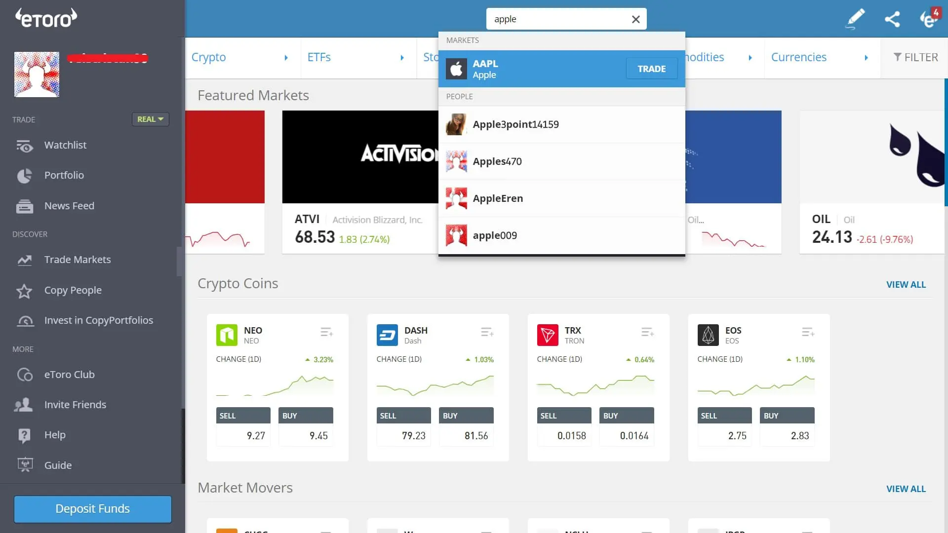 Searching for Apple stock on eToro's platform