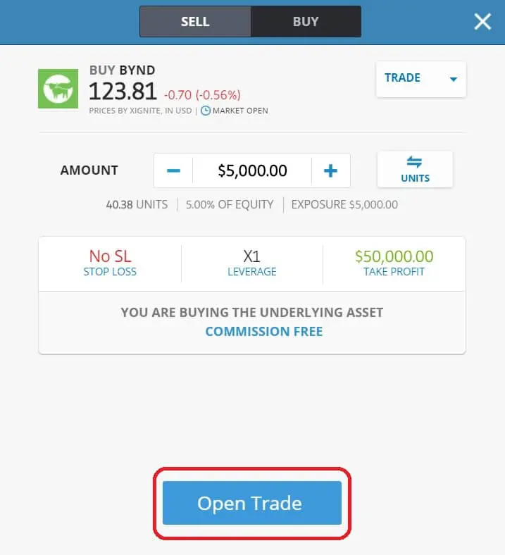 Executing order on eToro's platform Beyond Meat