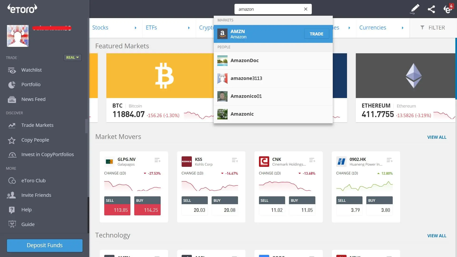 البحث عن أسهم أمازون على منصة إيترو