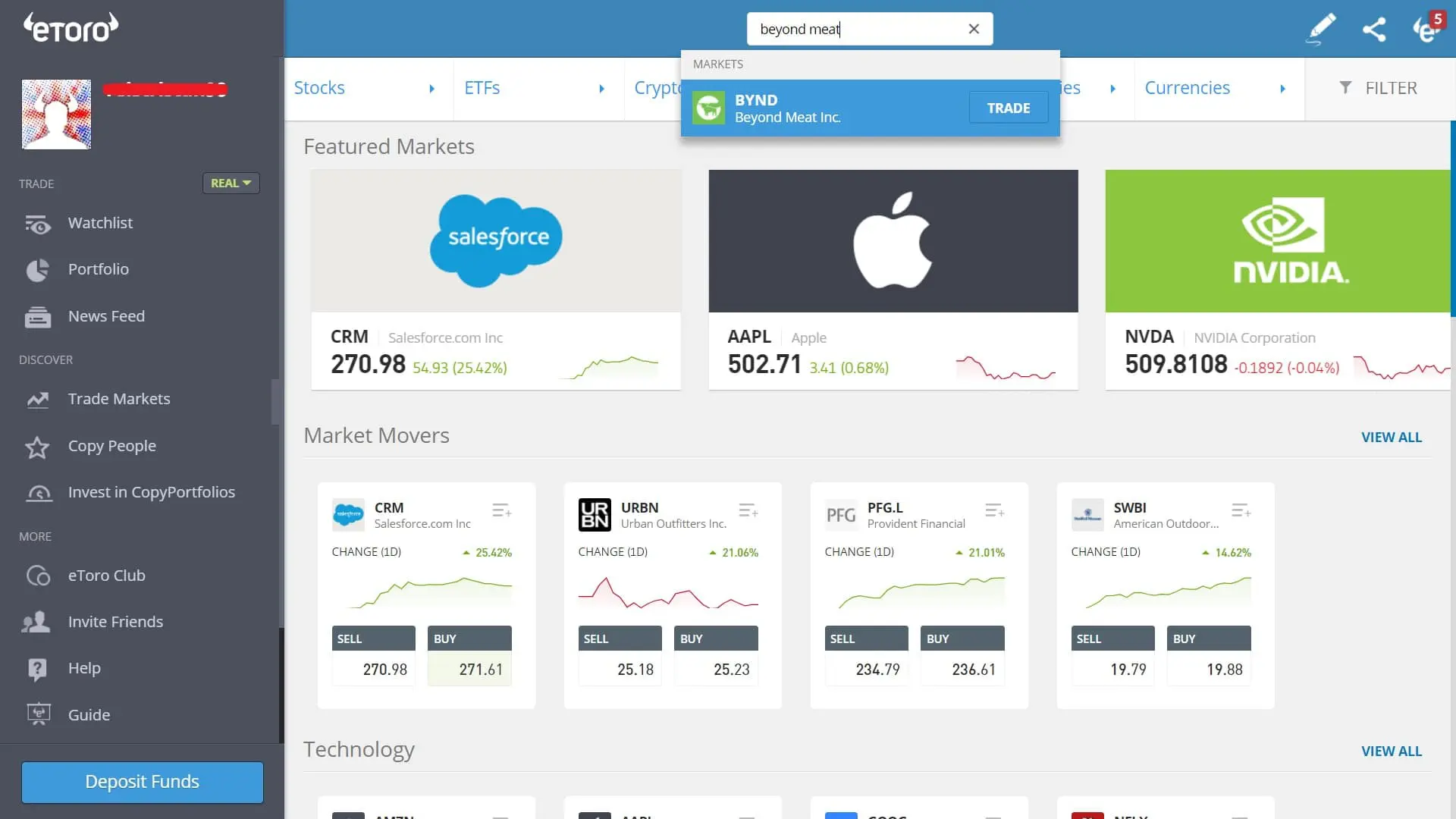 Searching for Beyond Meat stock on eToro's platform