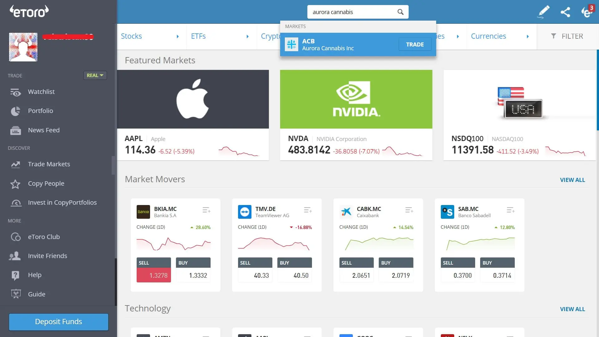 Searching for Aurora Cannabis stock on eToro's platform