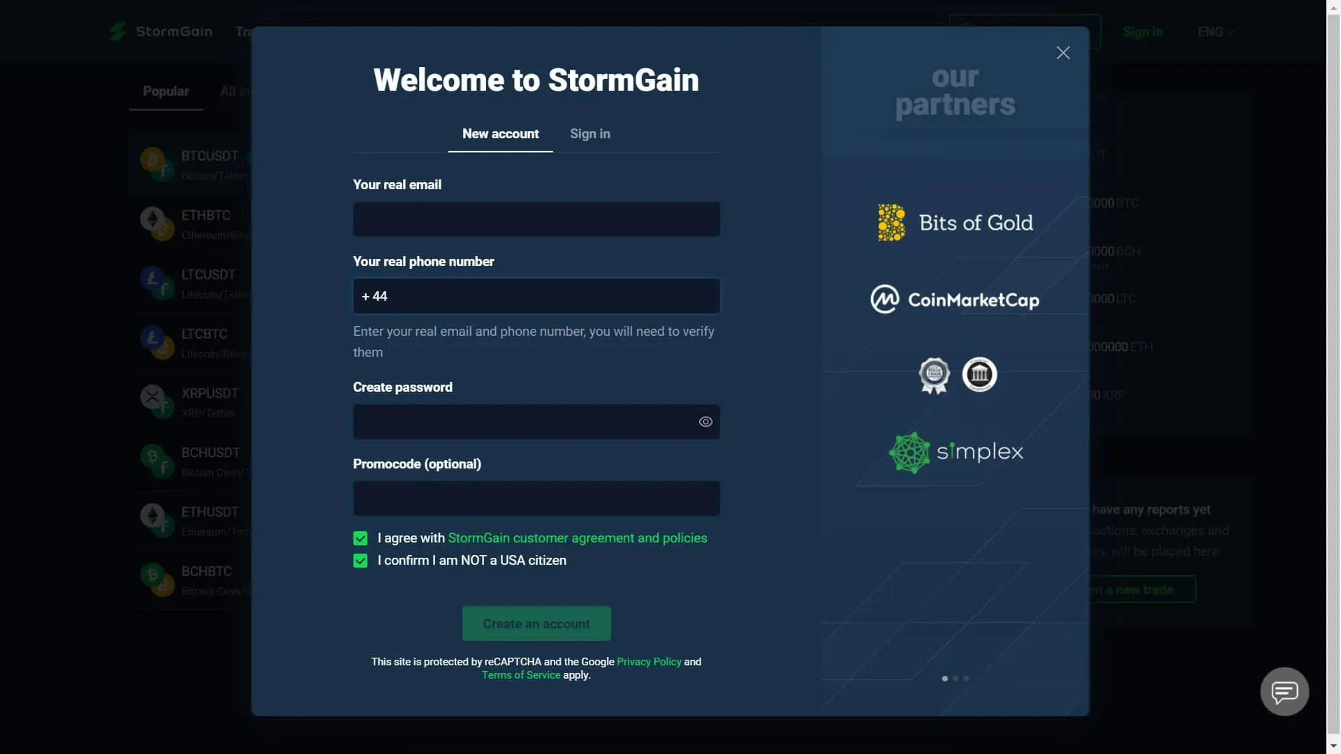 StormGain registration page