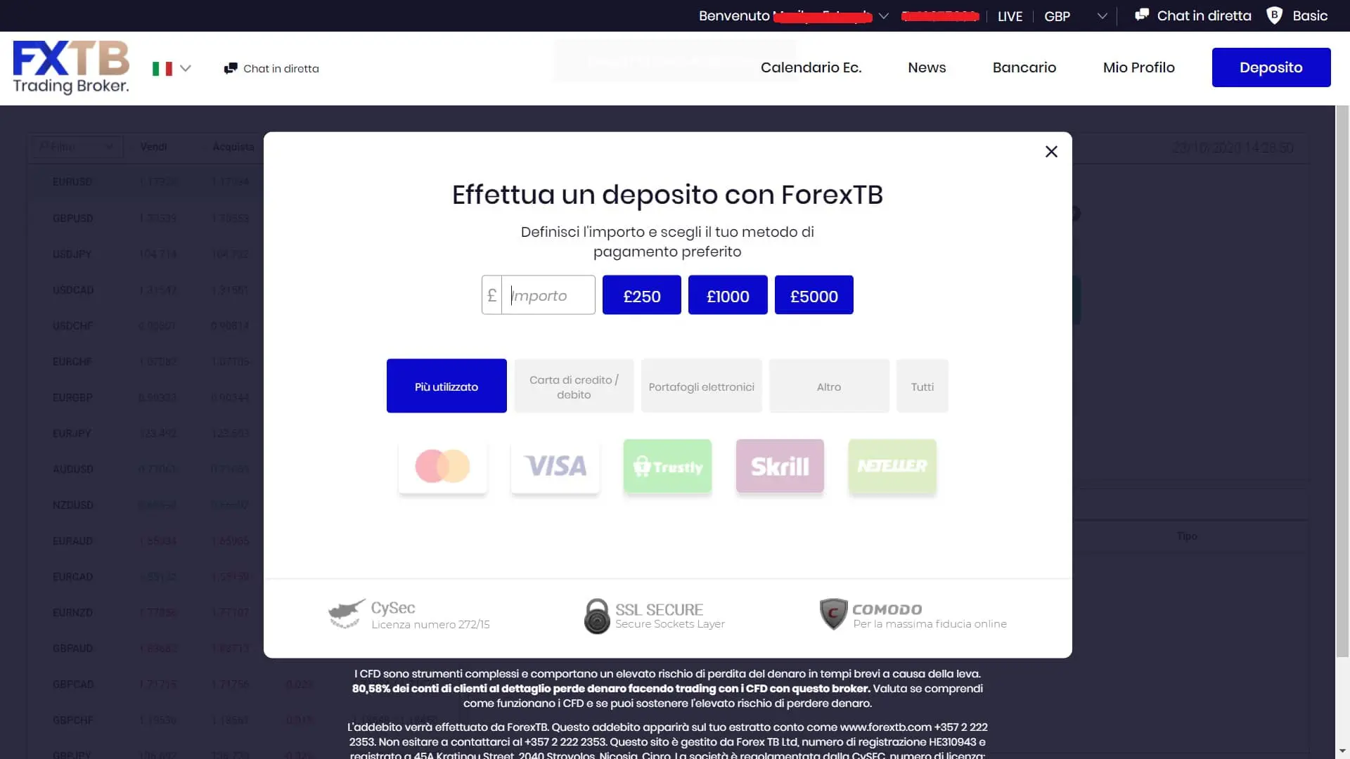 Metodi di deposito e prelievo di ForexTB