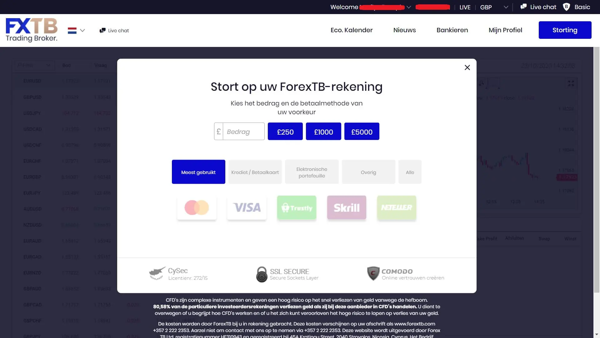 ForexTB Storting en opname methoden