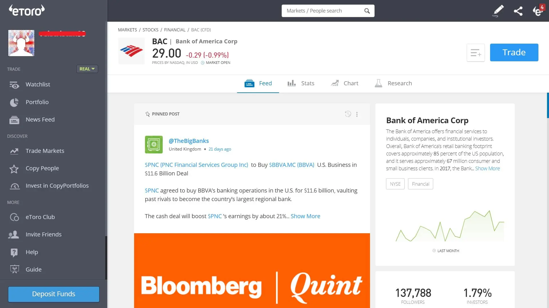 Bank of America stock trading on eToro's platform