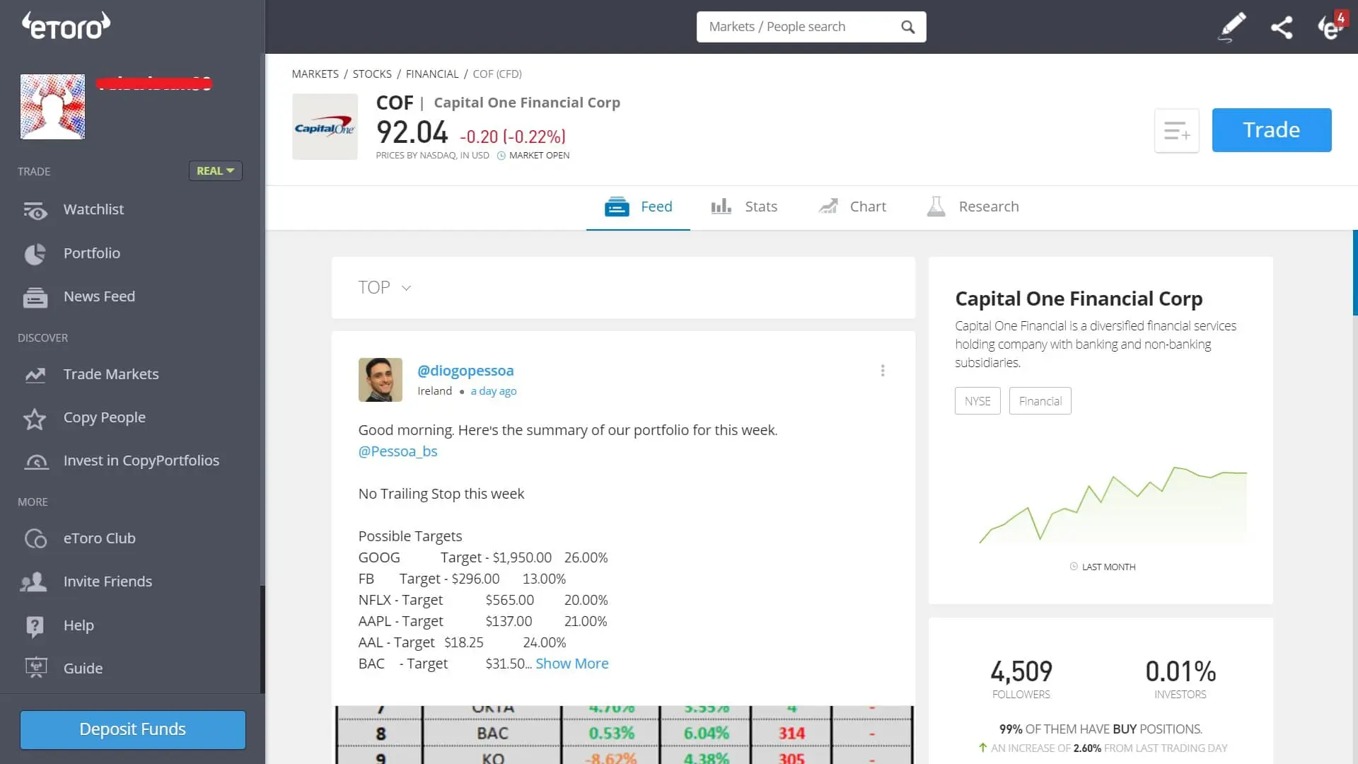 Capital One Financial stock trading on eToro's platform