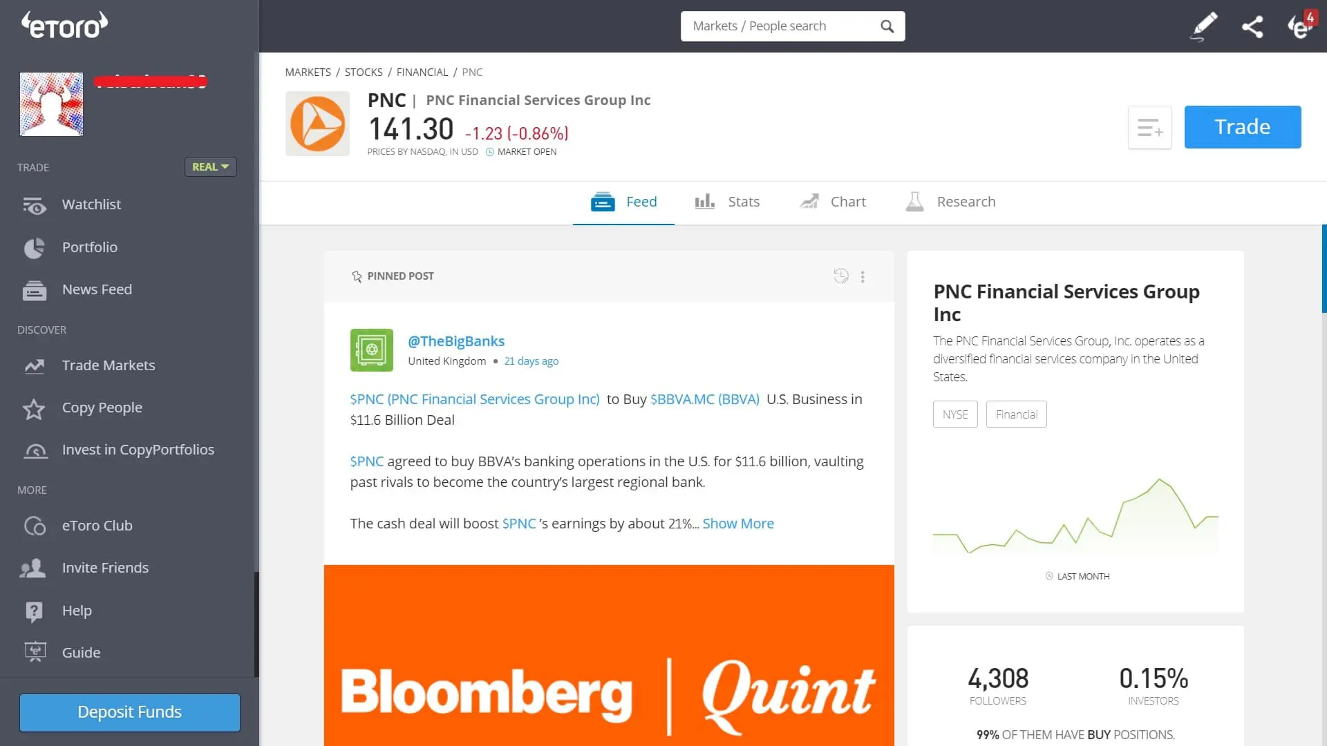 PNC Financial stock trading on eToro's platform