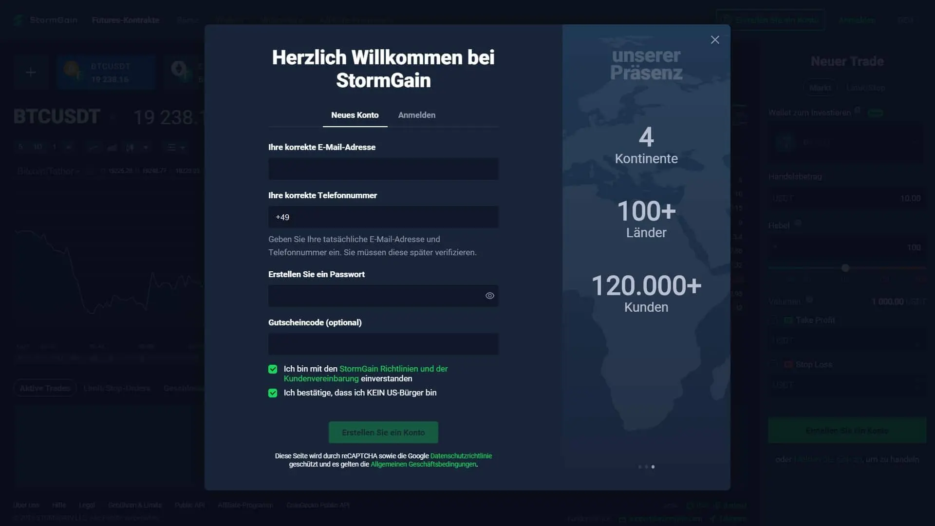 Registrierungsseite von StormGain